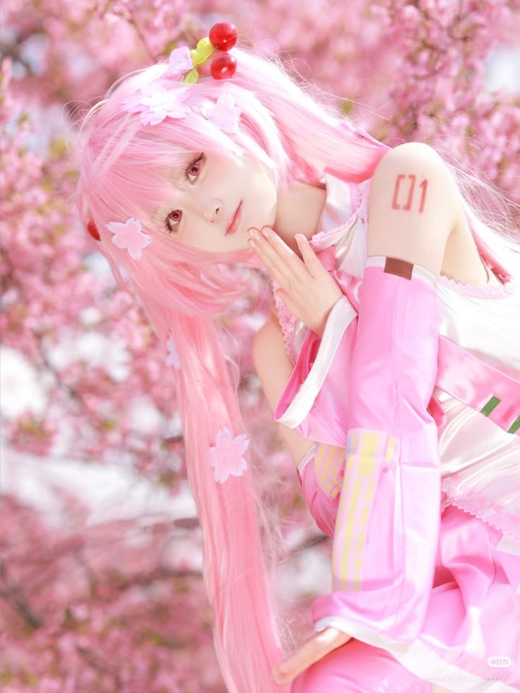 Sakura Miku Cosplay zwischen Kirschblüten